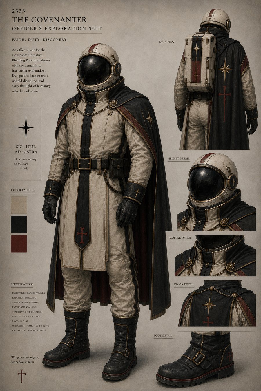 Conservator's plate of the Covenanter officer exploration suit, bone white with black cloak and red cross