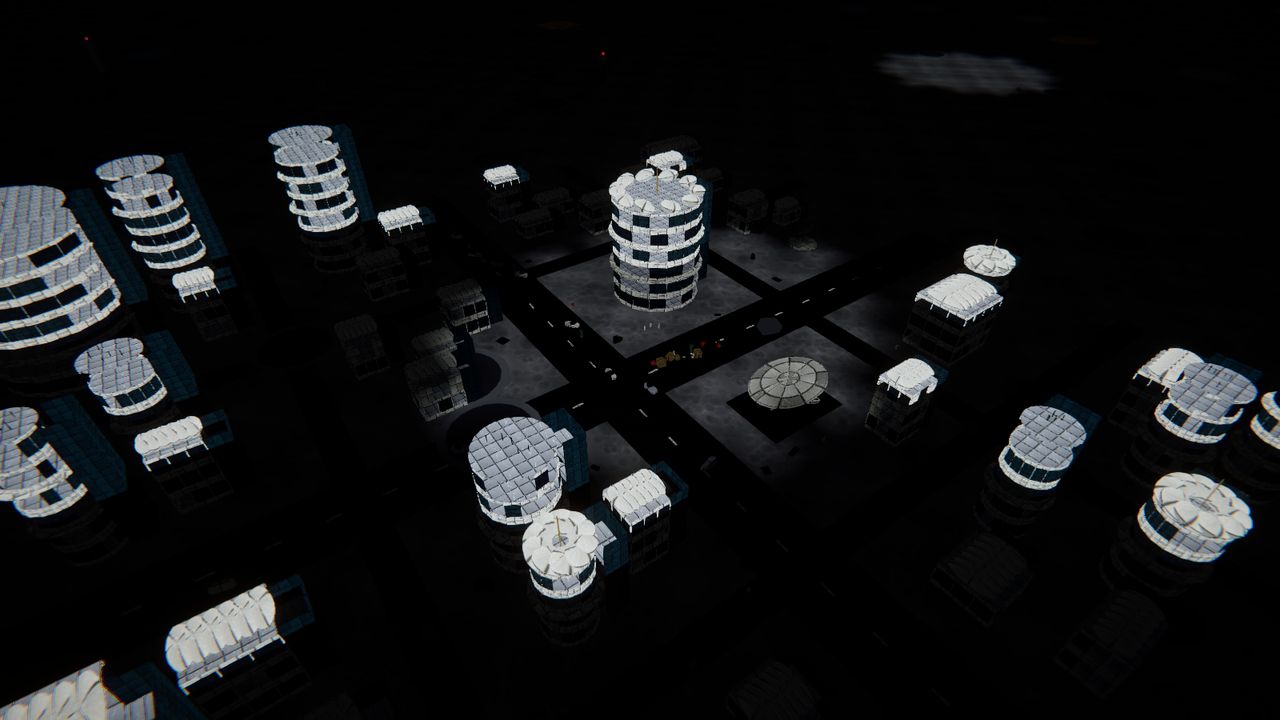 Aerial view of a derelict lunar city, lights still burning