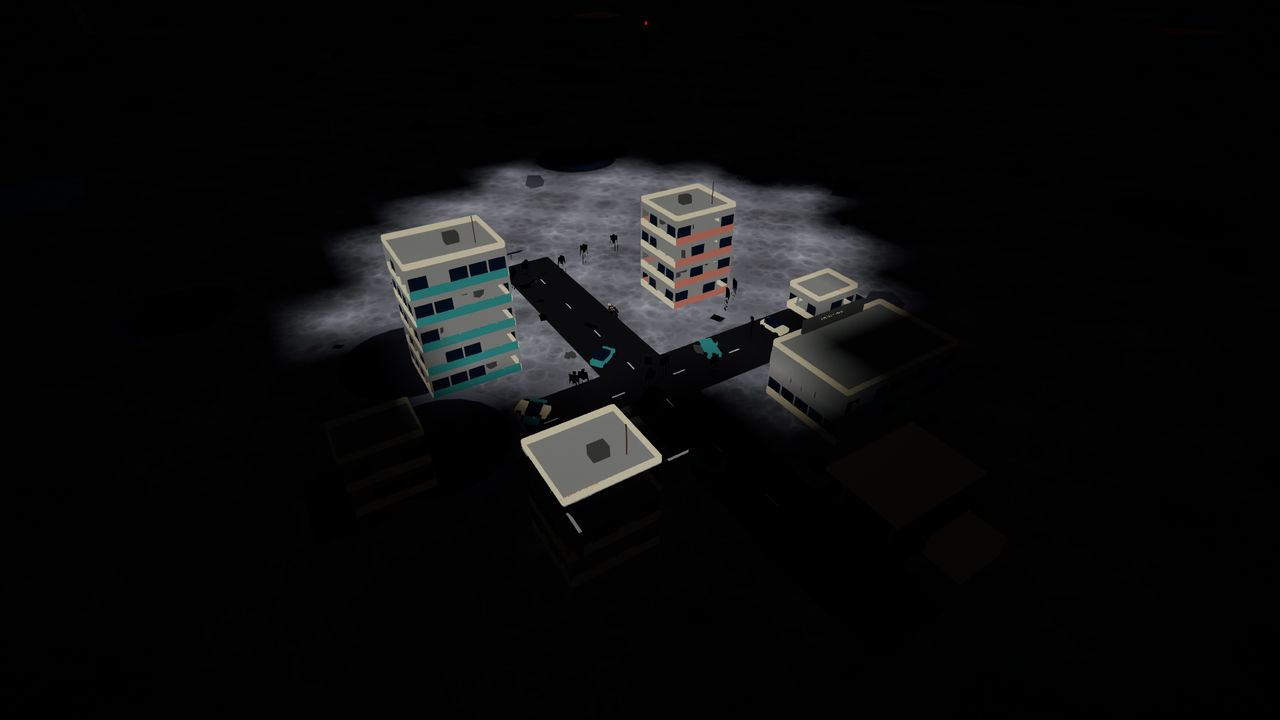 A single lit intersection in a dark ruined district