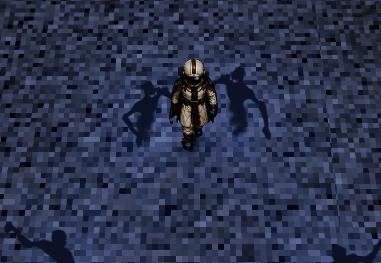 Shadowed figures pace a traveler across the regolith